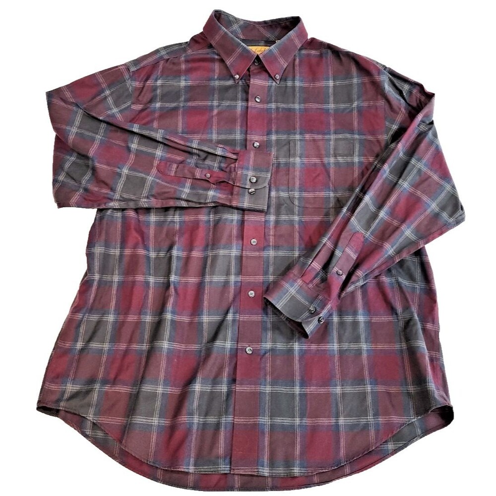 Roundtree & Yorke Gold Label Dress Shirt Mens XL Burgundy & Green Plaid No Iron